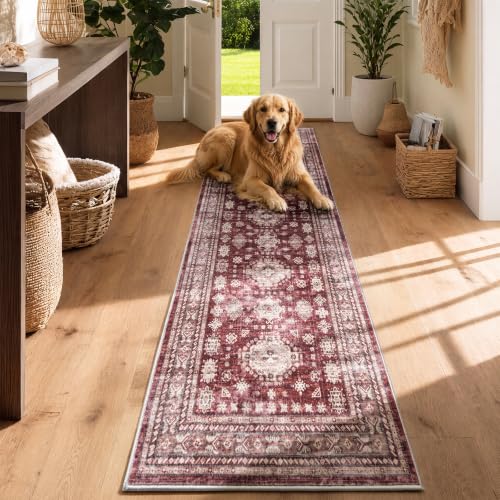 2x6 Runner Rug Washable Non Slip Floor Mat for Entry, Hallway, Burgundy