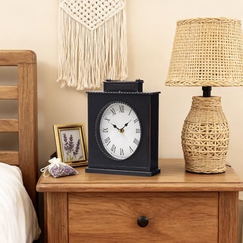 Vintage Mantel Clock, Large Rustic Distressed Metal Table Clock with Handle, Silent Non-Ticking Quartz Movement, Antique Brown Fireplace Shelf Desk Clock for Living Room Bedroom Office