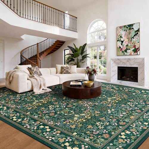 AMADA HOMEFURNISHING 8x10 Washable Area Rugs for Living Room, Non-Slip & Low-Profile Floral Large Area Rug with Durable Edge Binding, Soft Rugs for Living Room, Bedroom, Dining Room