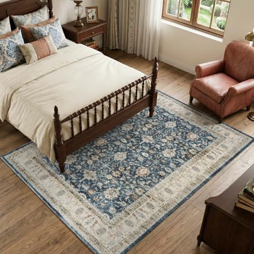 jinchan 5x7 Vintage Floral Area Rug, Washable Non Slip, Blue Beige