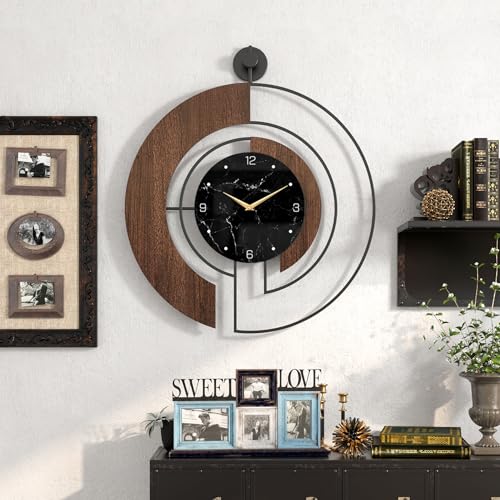 Modern Walnut Marble Dial Wall Clock, Large Wood Metal Frame Silent Non Ticking Wall Clocks for Living Room, Bedroom Decoration, Contemporary Home Wall Decor Gift Idea, 22 in