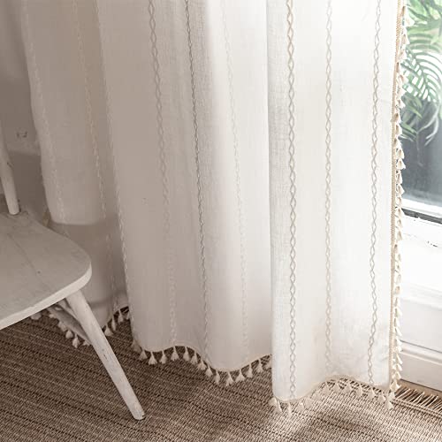 Deeprove White Boho Curtains 84 Inches Long for Bedroom Living Room, Cream Chic Linen Cotton Embroidered Semi Blackout Bohemian Farmhouse Window Treatment Drape Vintage Tassels, 1 Panel W52 x L84