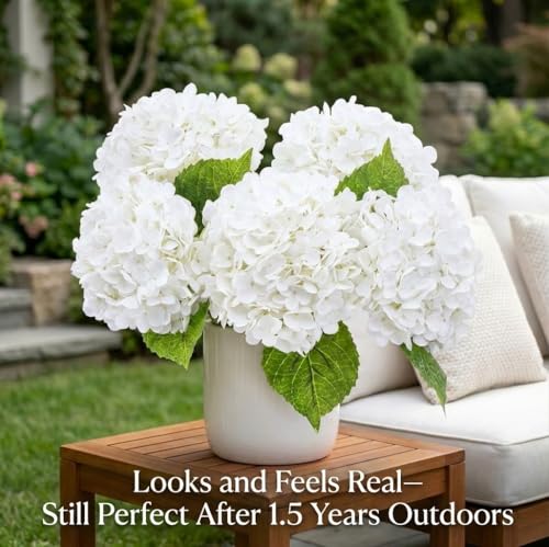 Waipfaru 21" Real Touch White Hydrangea Artificial Flowers with Long Stem & Leaves, Full Latex Faux Hydrangea Flowers for Home Decor Party Floral Arrangements Wedding Bouquets Centerpieces, 3Pcs