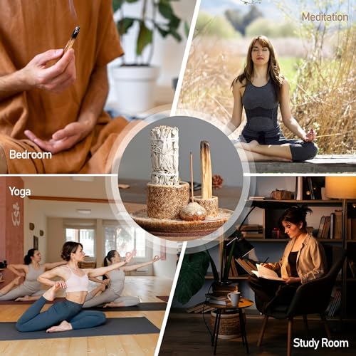 4 in 1 Ceramic Incense Burner, Sage Holder for Burning Bowl, Palo Santo Holder, Incense Holder for Sticks, Smudge Stick Holder(Brown)