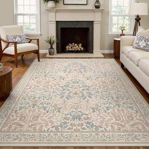 5x7 Washable Area Rug for Living Room, Vintage Floral, Sage Beige