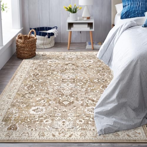LOKHOM 3x5 Washable Area Rug, Boho Floral Non-Slip Kitchen Area Mat, Beige