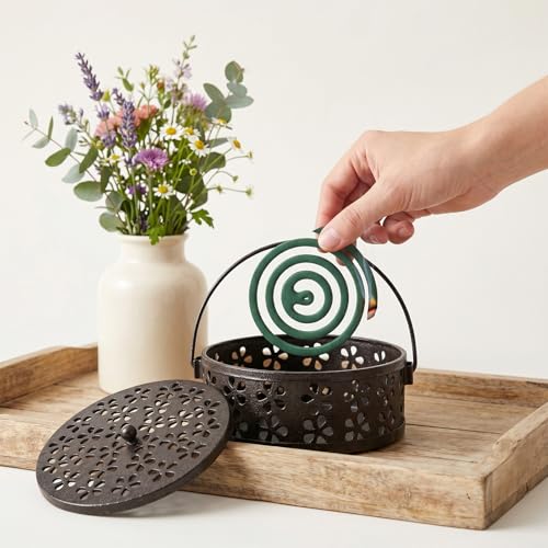 4 Pcs Portable Mosquito Coil Holder with Lid, Round Heat-Resistant Iron Alloy Incense Burner Box for Outdoor Camping, Balcony, Patio, Travel (Bronze)