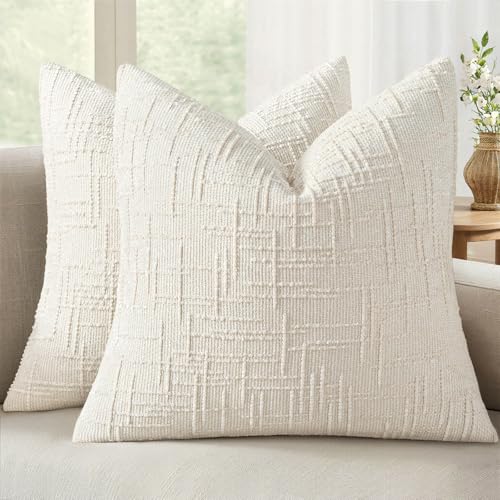 MIULEE Textured Throw Pillow Covers Thick Chenille Decorative Pillows Cream White 18x18 Inch Set of 2 Modern Boho Farmhouse Home Decor Neutral Cushion Covers for Couch Sofa Living Room Bedroom
