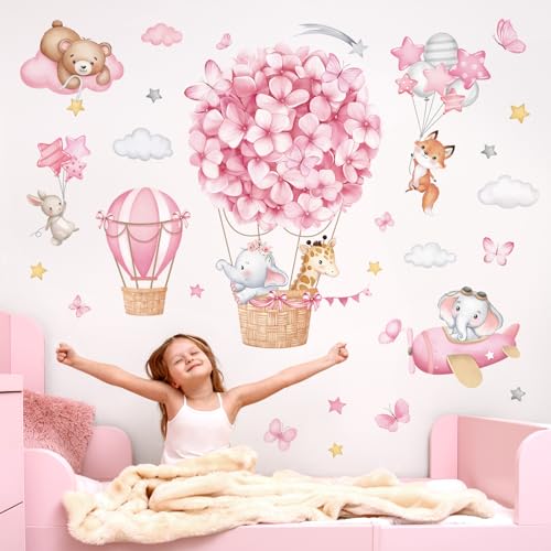 wondever Animals Hot Air Balloon Wall Stickers Flowers Elephant Giraffe Bear Airplane Wall Art Decals for Girls Room Baby Nursery Kids Bedroom