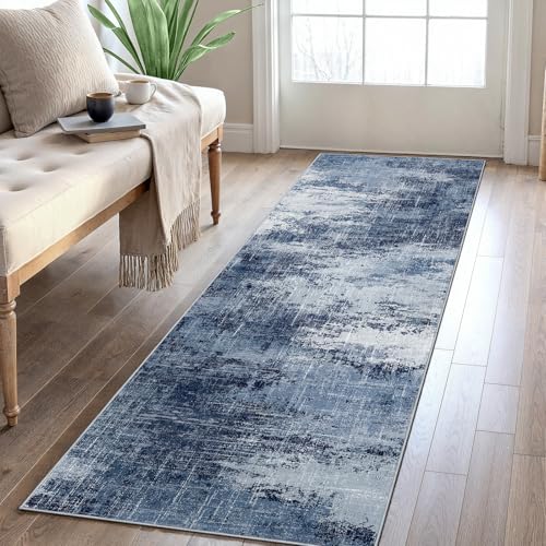 AMADA 2x5 Modern Abstract Washable Area Rug for Entryway Dark Blue