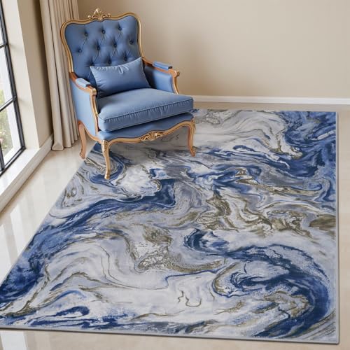 PADOOR Abstract 3'x5' Area Rug, Washable Non-Slip Low Pile, Marble Blue