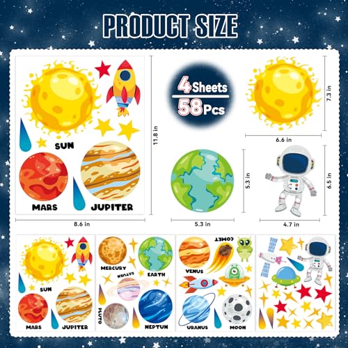 Outer Space Wall Decals - 4 Sheets 58 Pcs Large Space Planets Rocket Astronaut Wall Stickers Peel and Stick Removable Wall Decors for Kids Baby Bedroom Boys Room Nursery Playroom Classroom