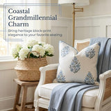 Jillien Harbor “The Camille” Floral Block Print Pillow Cover – Soft Blue and White Decorative Throw Pillow Cover – Grandmillennial Home Decor, 20" x 20"