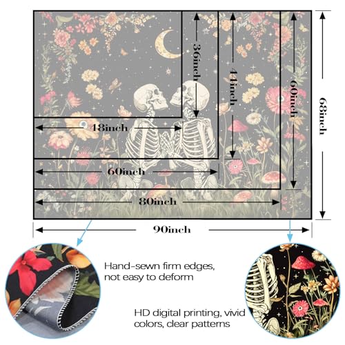 Wegklazax Floral Skeleton Lovers Tapestry Aesthetic Skull Gothic Tapestry for Bedroom The Lovers Wall Hanging for Bedroom Living Room Skull 36×48 Inches