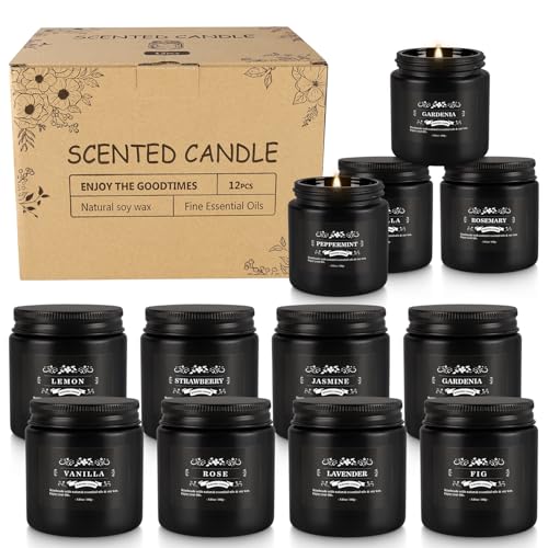 Howemon Scented Candle Set 12 Pack,Black, Candle for Home Scented, Odor Eliminating, Stress Relief, Long Lasting Soy Wax Gift Set