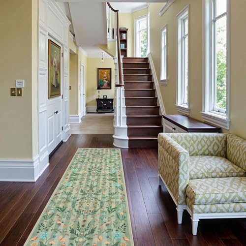 Lahome Washable Insect Botanical 2'6"x8 Runner Rug for Entryway - Machine Washable Non-Slip Hallway Runner Rug, Green Boho Low Profile Soft Faux Wool Carpets for Bedroom, Hallway, Laundry, Kitchen