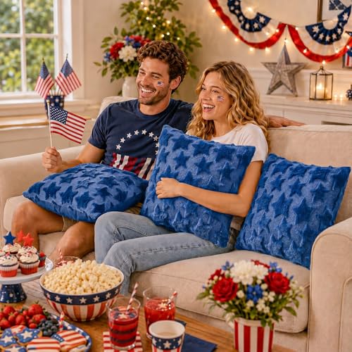 OLANRUN 4th of July Decorations, 4th of July Pillow Covers 18x18 Inch Set of 2, Blue Stars Patriotic Independence Day Decorations Soft Plush Faux Fur Jacquard Throw Pillows for Indoor Home Sofa