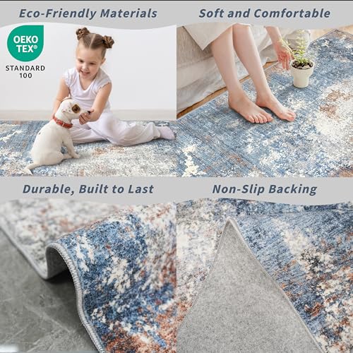 2x8 Washable Non-Slip Hallway Runner Rug – Modern Coastal Abstract Neutral Stain-Resistant Low-Pile Carpet Runner for Kitchen Entryway Bedroom Bathroom (Blue Rust,2x8)