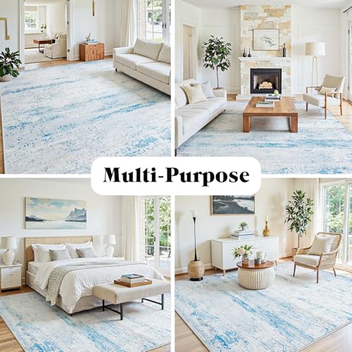 8x10 Washable Area Rug for Living Room Bedroom: Non-Slip Modern Light Blue