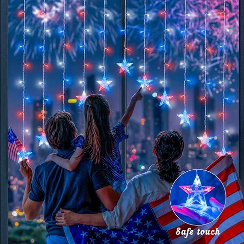 woohaha 4th of July Patriotic Star Icicle Lights,118LED Red White and Blue Curtain Window Lights,Connectable Star String Light Plug in for Independence Day,Garden,Fourth of July Decorations