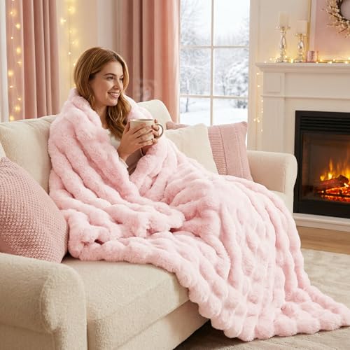 DREAMNINE Soft Faux Bubble Rabbit Fur Throw Blanket for Couch, Thick Cozy Decorative Warm Fuzzy Fur Blanket for Sofa Chair Bedroom Living Room Dorm Women Gift, 50 * 60 Inches, Pink