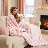 DREAMNINE Soft Faux Bubble Rabbit Fur Throw Blanket for Couch, Thick Cozy Decorative Warm Fuzzy Fur Blanket for Sofa Chair Bedroom Living Room Dorm Women Gift, 50 * 60 Inches, Pink