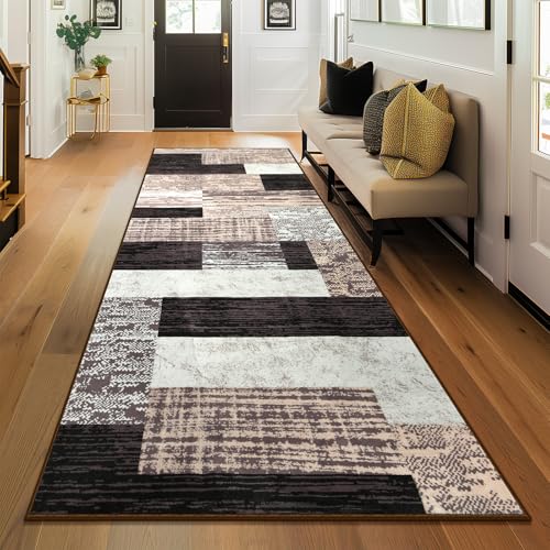 Indoor Washable Runner Rug with Rubber Backing, Modern Geometric Patchwork