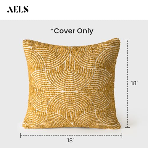 AELS Boho Decorative Textured Throw Pillow Covers 18x18, Organic Modern Mid Century Rainbow Tufted Pillow Case, Farmhouse Rustic Geometric Woven Cushion Case for Bed Couch Sofa, Mustard Yellow