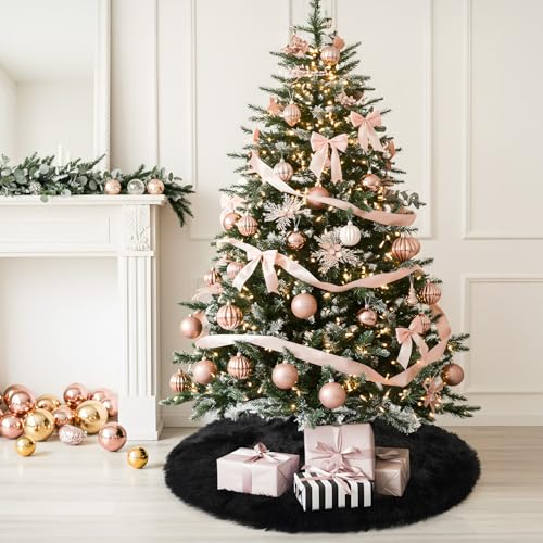 MACTING Faux Fur Christmas Tree Skirt 28 Inch Black Plush Skirt Fluffy Soft Double Layer Small Tree Mat Base Cover for Merry Christmas Party Holiday Home Indoor Halloween Xmas Tree Decorations