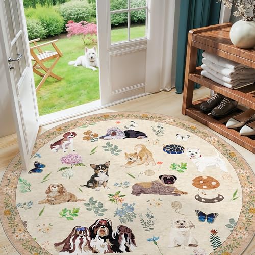 Washable 6ft Round Rugs for Bedroom - 6x6 Feet Circle Area Rugs for Living Room Nursery Non-Slip Stain Resistant Ultra Soft Carpet for Teen Girls and Boys Dorms Home Decor Aesthetic(6ft,Beige/Dog)