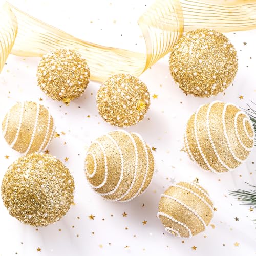 Gold Christmas Ball Ornaments, Christmas Ball Decorations Shatterproof Plastic Hanging Pearl Balls for Holiday Party(70mm/2.76", 12ct)