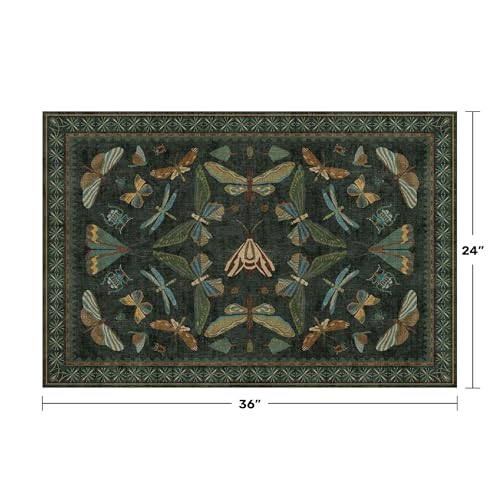 Hazo Haus 2x3 Entry Way Rugs Indoor - Dark Green Small Throw Rug for Kitchen, Bathroom, Insect Boho Design, Washable Non Slip Stain Resistant