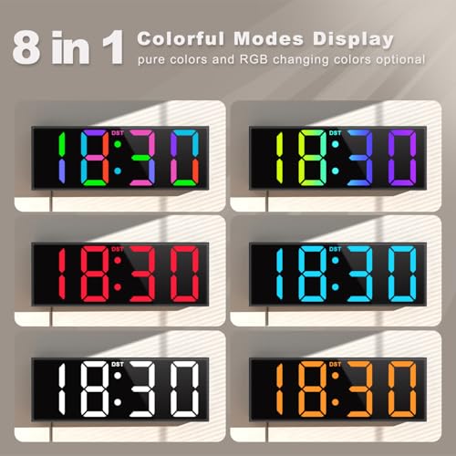 JALL 12" Large Digital Wall Clock, Big LED Number Dispaly, Remote Control, RGB Colors, DST, Night Light for Classroom Living Room Bedroom Birthday Gift for Senior, Men Women (Black, 12 inches)