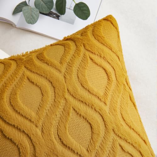 MIULEE Summer Mustard Yellow Throw Pillow Covers 18x18 Inch, Soft Plush Faux Wool Solid Couch Pillows Set of 2, Decorative Farmhouse Boho Cushion Covers for Sofa Living Room Bed Home Decor