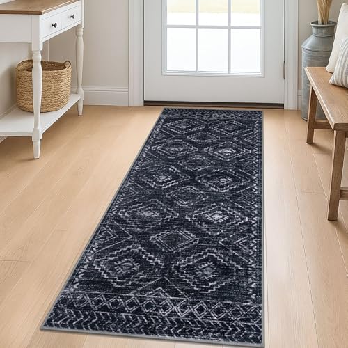 Washable Runner Rug 2x5 ft Hallway Runners, Blue-Black