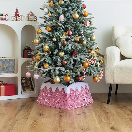Christmas Tree Collar, 24 Inch Xmas Tree Ring Fabric Square Skirt for Artificial Trees, Snow Cover and Sequin Christmastree Box Collar,Holiday Christmas Home Decor for Decorations (HOT Pink)