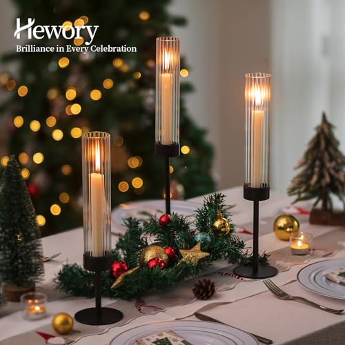 Hewory Black Hurricane Candle Holders: 12 PCS Tall Taper Candlestick Candle Holders Bulk for Candlesticks Candle Sticks Holder Decor for Table Centerpiece Wedding Party Christmas Decorations