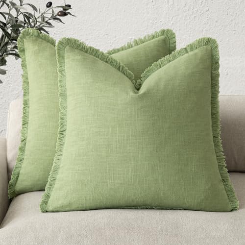 Foindtower Decorative Linen Fringe Throw Pillow Covers 22×22 Lime Green