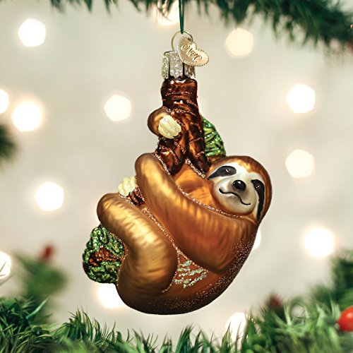 Old World Christmas Smiling Sloth Hugging Branch Glass Blown Ornament for Christmas Tree, Handcrafted Holiday Decoration, Wildlife Animal Collection