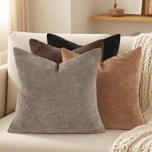 Farmhouse Decor Throw Pillow Covers 18x18 Inch Set of 4, Solid Textured Cushion Covers for Couch, Sofa, Bed – Fall Pillow Covers in Taupe Grey, Light Brown, Brown, Black