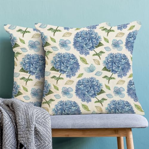 Spring Floral Pillow Covers 18x18 Pack of 2 Blue Hydrangea Flower Throw Pillow Covers Decoration,Summer Holiday Decor Pillowcase Rustic Farmhouse Linen Cushion Case for Home Sofa Couch Outdoor