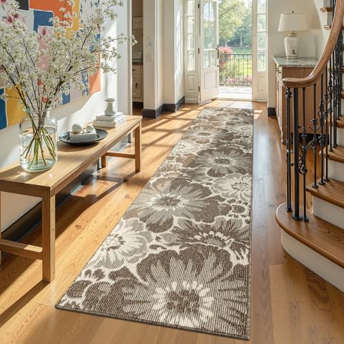 Findosom Hallway Runner Rug 2x10, Non Slip High-Low Textured Floral Washable Runner Rug with Rubber Backing, Boho Carpet Runner for Kitchen, Entryway, Bedroom, Laundry, Brown