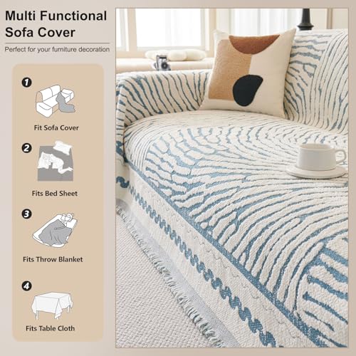 ROOMLIFE Thicked Striped Couch Cover with Tassel Blue Chenille Sofa Cover Blanket for Sectional Sofa, Soft Sofa Slipcovers for L Shaped Love Seat 2-3 Cushion Couch Anti Slip Sofa Protector, 71"x118"