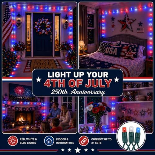 Novelty Lights 100 LED 50ft Red White Blue Lights, USA Patriotic 4th of July String Lights, Wide Angle Mini Lights on Green Wire, Commercial Grade, Connectable Indoor Outdoor Christmas Lights