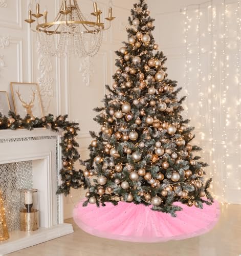 FIABC Christmas Wedding Tree Skirt,45 inch 4-Layer Fluffy Romantic Pleated Sparkly Skirt Decoration Xmas Tree Ornament for Holiday and Party(Pink)