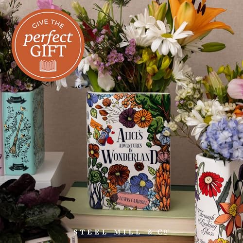 Steel Mill and Co. Ceramic Book Vase - Alice in Wonderland Decorative Vase for Flowers - Bookish Decor Bookshelf
