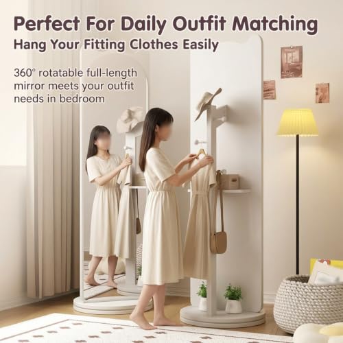 Rotating Full Length Cat Ear Floor Mirror with Storage, 360° Swivel Stand, HD No-Distortion Glass, Space Saving for Bedroom, Living Room, Entryway(Walnut,165x40cm/65x15.7in)