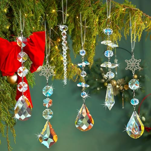 GuassLee Christmas Crystal Prism Ornaments for Christmas Tree - 6pcs Iridescent Teardrop Crystal Glass Sun Catcher for Christmas Decorations Indoor Tree Birthday Party Decor