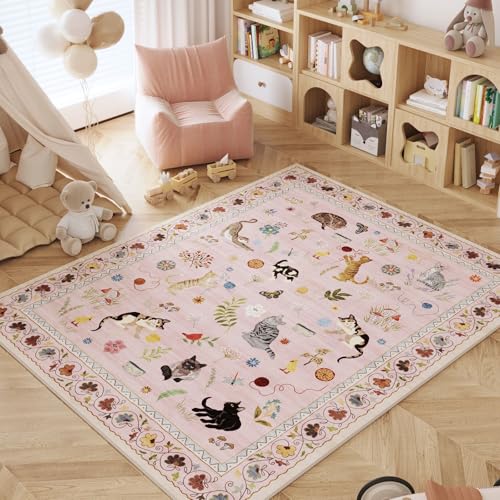 Rugcomf Area Rug 3x5 Washable Non Slip Floral Animal Cat, Pink
