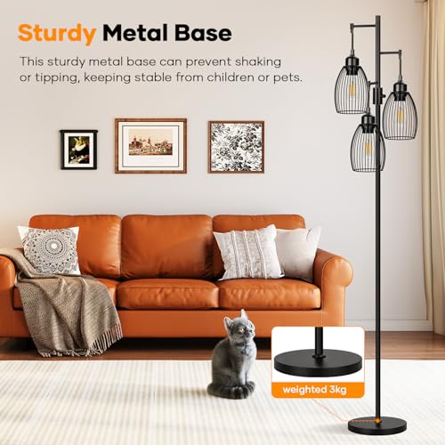 Dimmable Floor Lamp, 3 x 800LM LED Edison Bulbs Included, Farmhouse Industrial Floor Lamp Standing Tree Lamp with Elegant Teardrop Cage Tall Lamps for Living Room Bedroom Office Dining Room-Black
